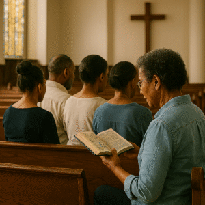 people sitting in church as a woman reads from christian scripture